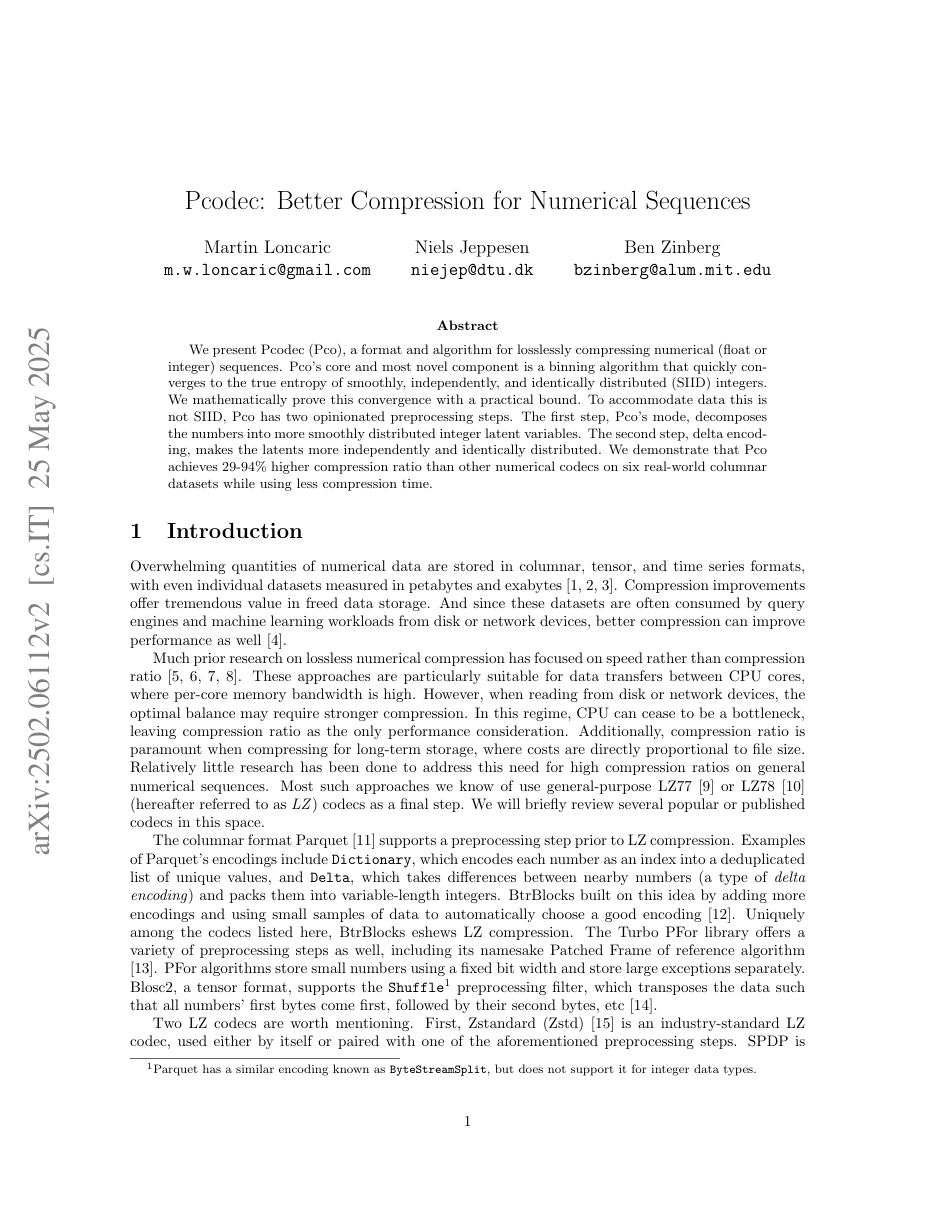 Pcodec: Better Compression for Numerical Sequences (arXiv:2502.06112), the first page