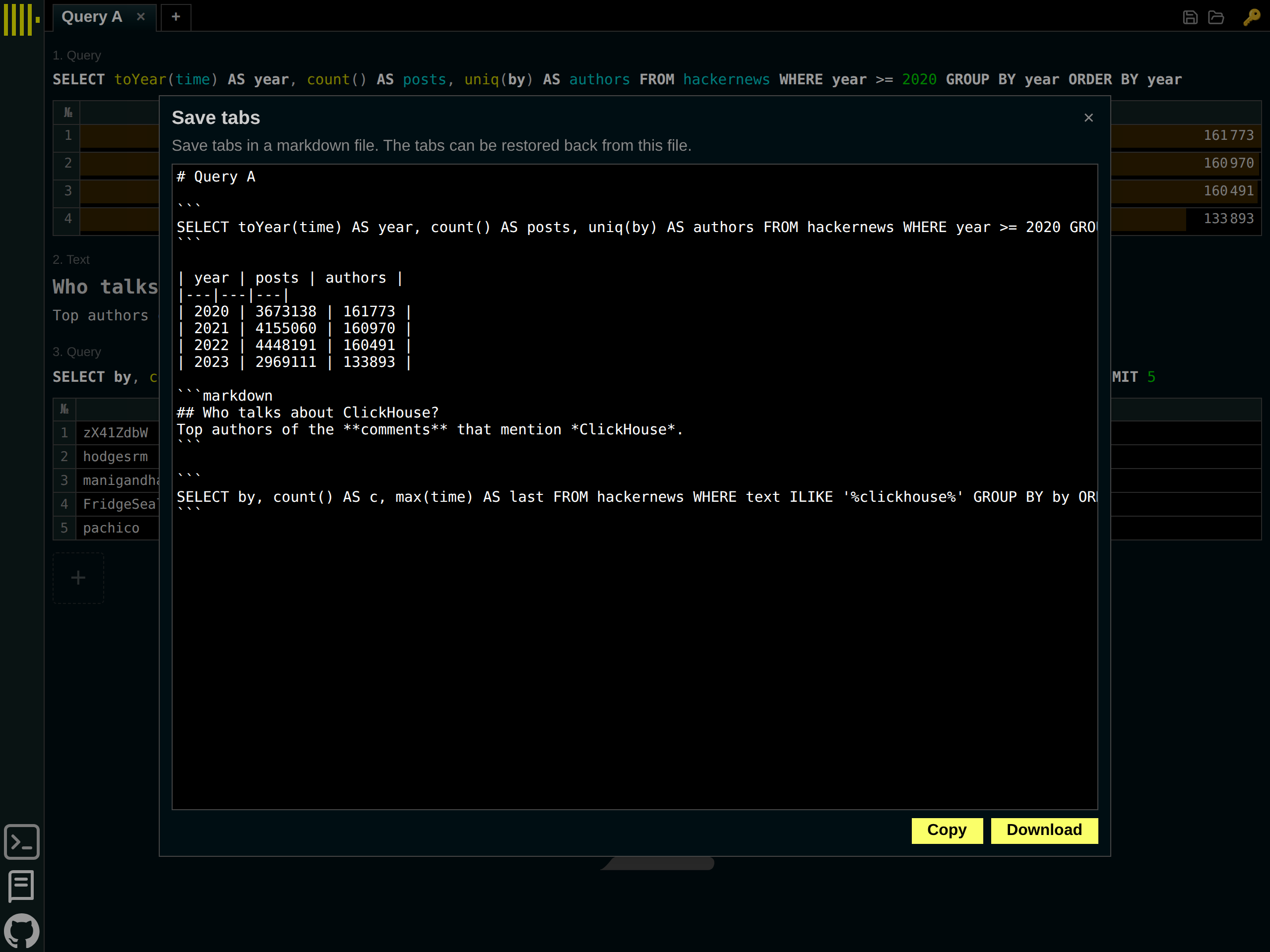 The Save tabs dialog of the Web UI