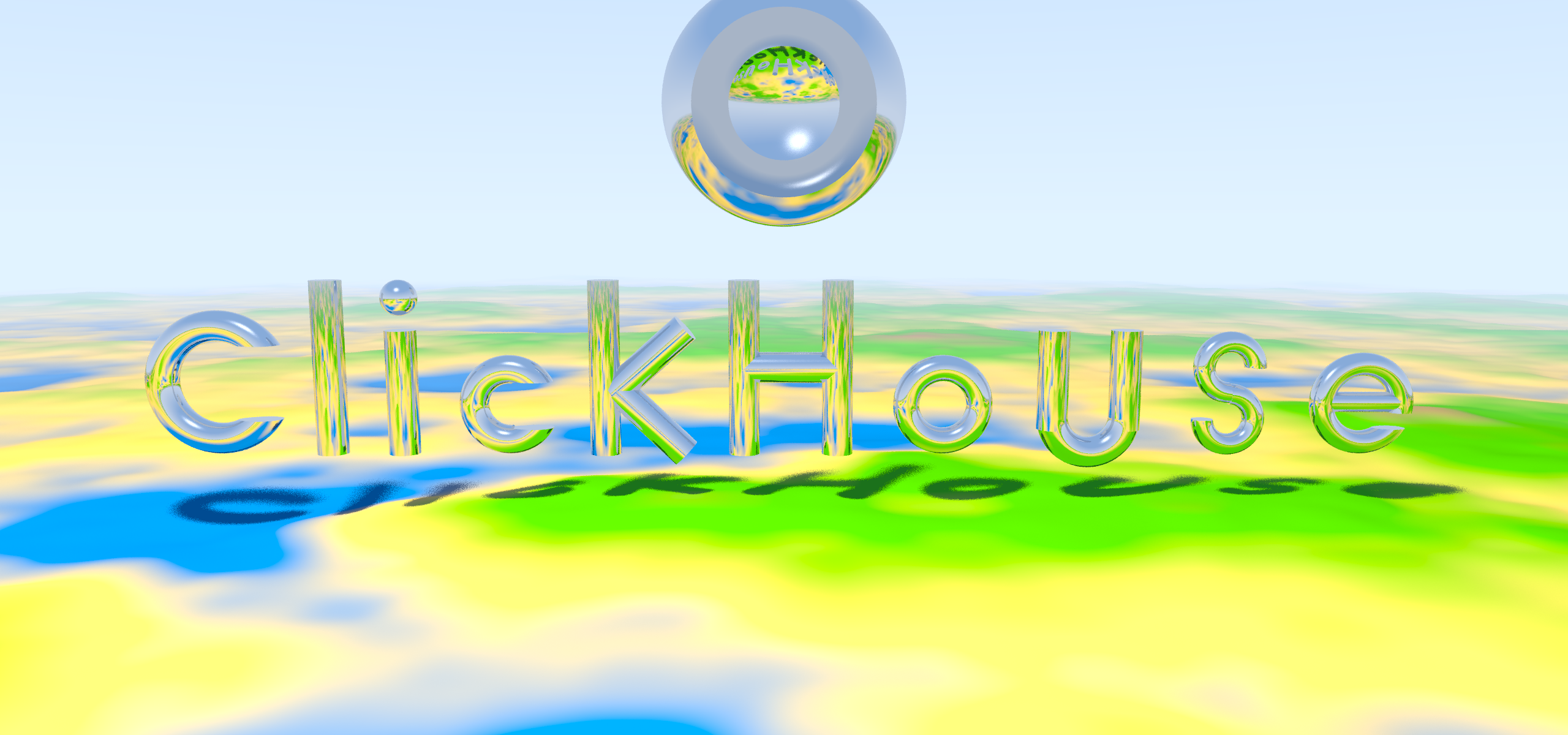 ClickHouse rendered as chrome CSG letters over a procedural terrain, ray-traced in SQL