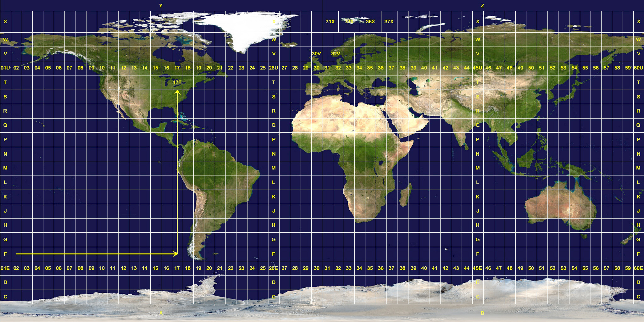 UTM zones: 60 longitude zones and latitude bands C–X on a world map
