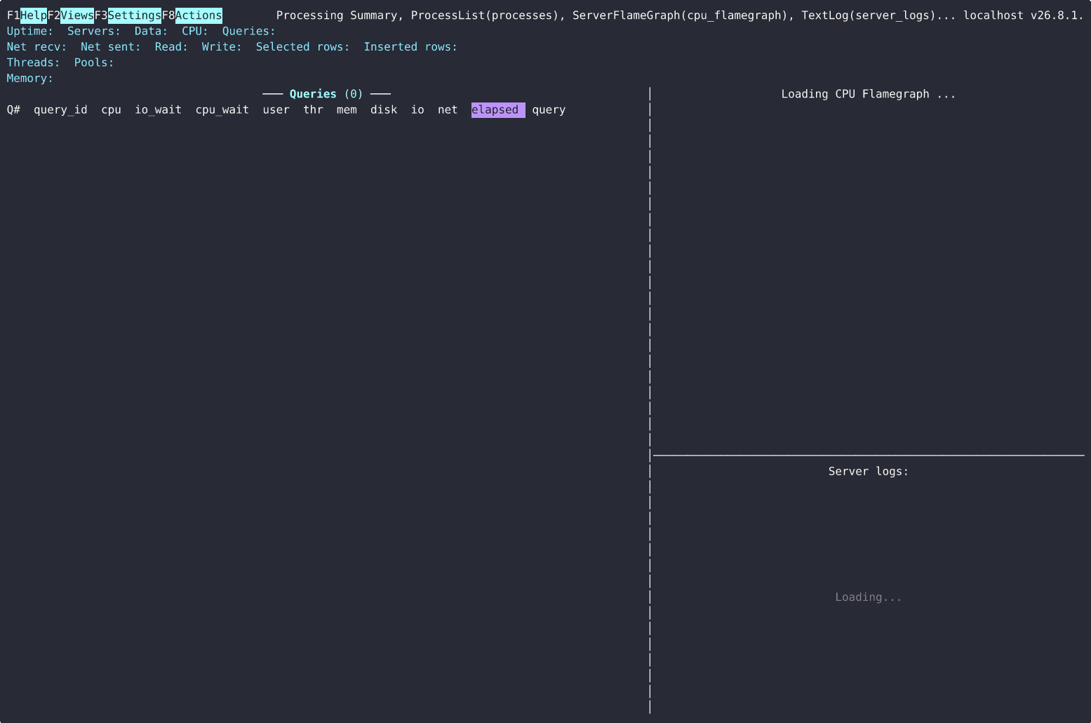 chdig: queries, a CPU flamegraph, and server logs in tmux-style panes