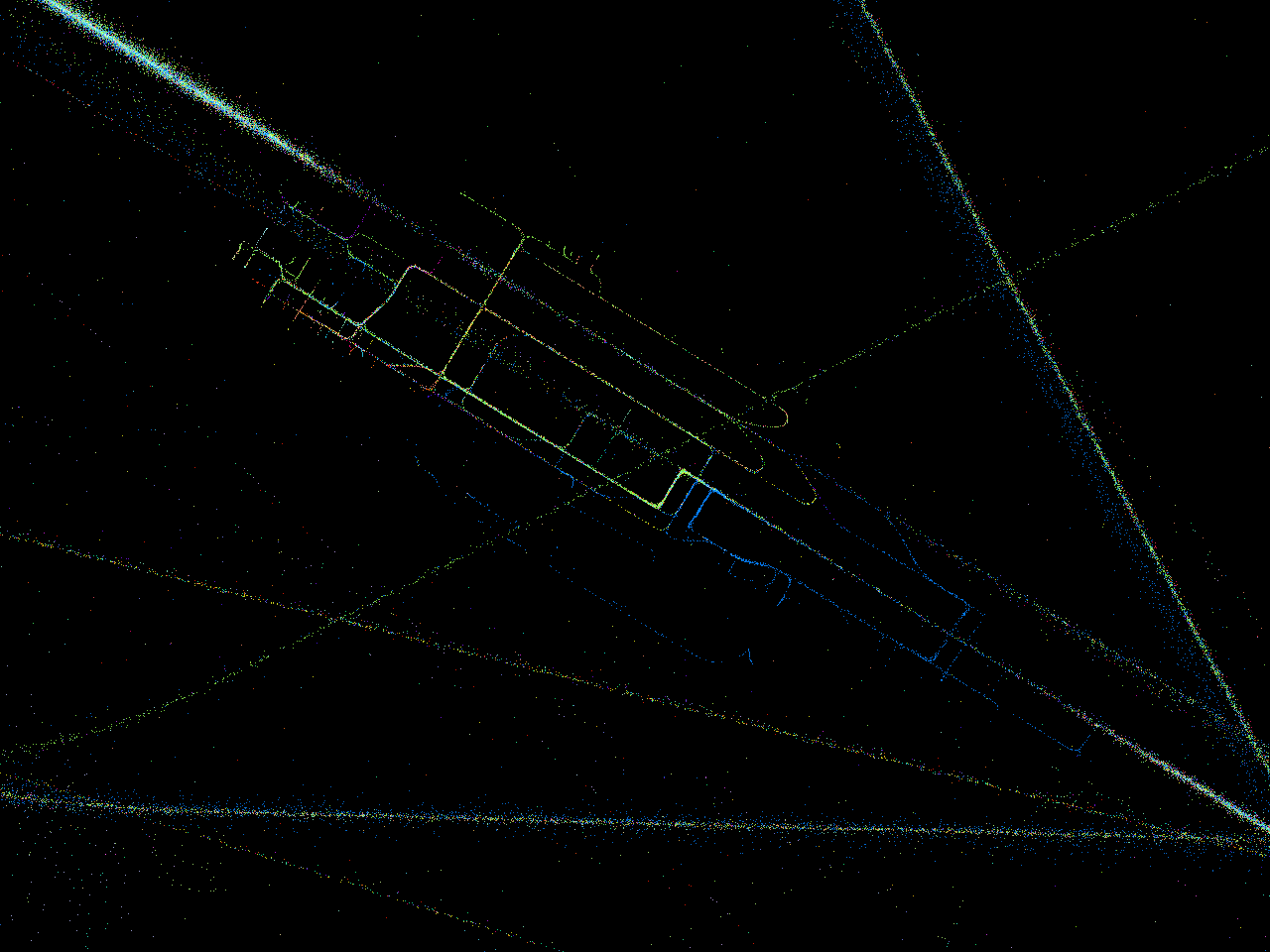 A year of air traffic over the airport, one frame per week, colored by airline
